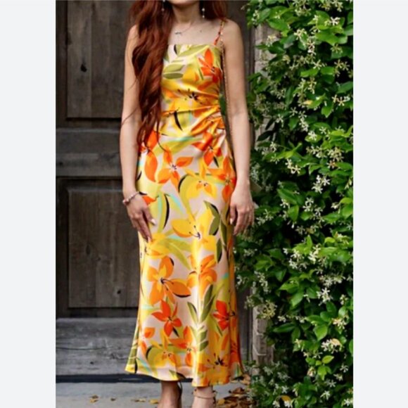 House Of Harlow 1960 x Revolve Tropical Print Satin Slip Midi Dress Tropical - Picture 1 of 14